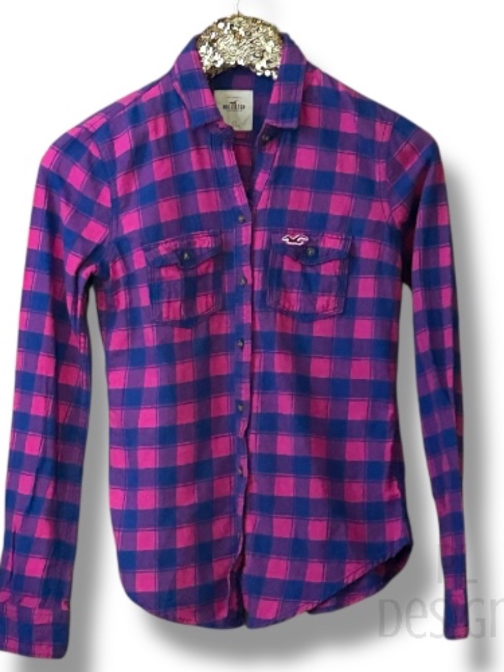 Hollister Flannel Button Up Shirt Pink and Blue Plaid XS